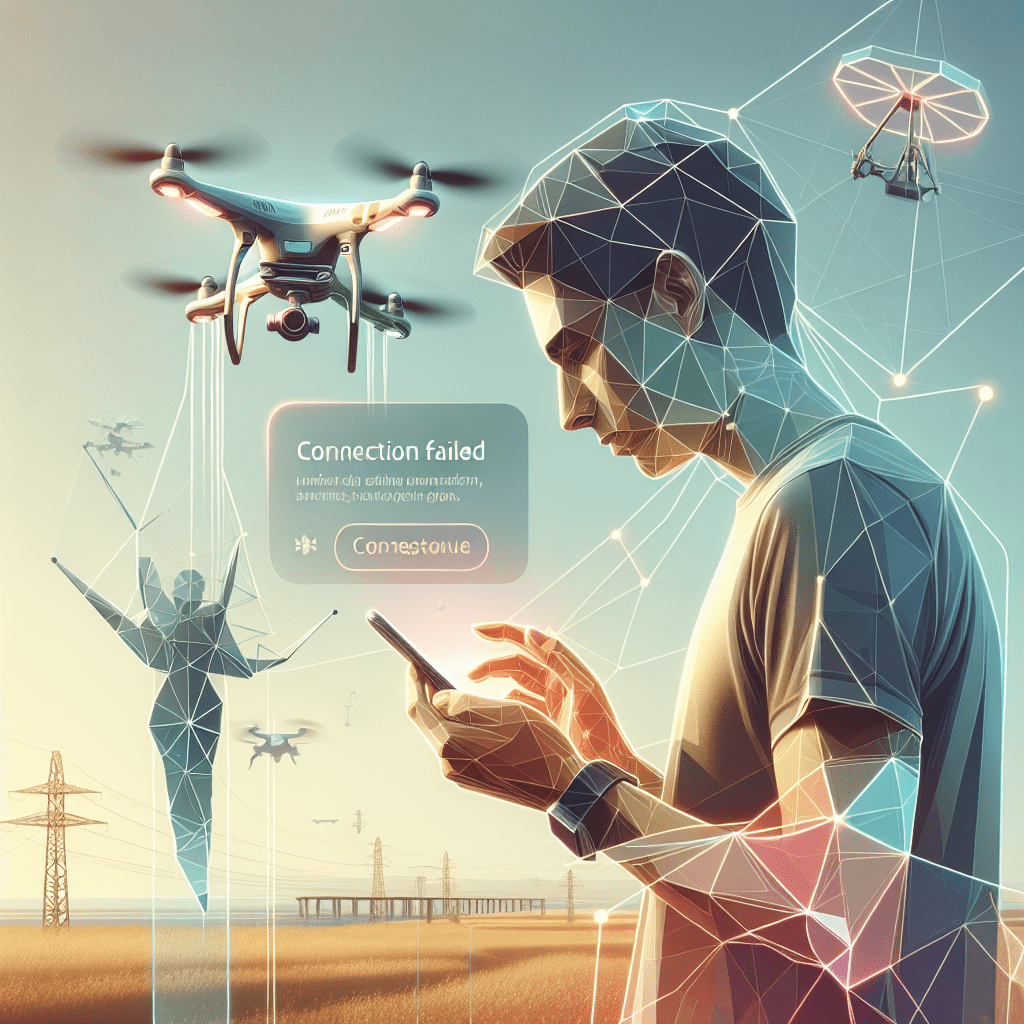 Drone App Connection problem solved using a mobile device; visual showing frustrated user resolving connection with hovering drone outdoors.