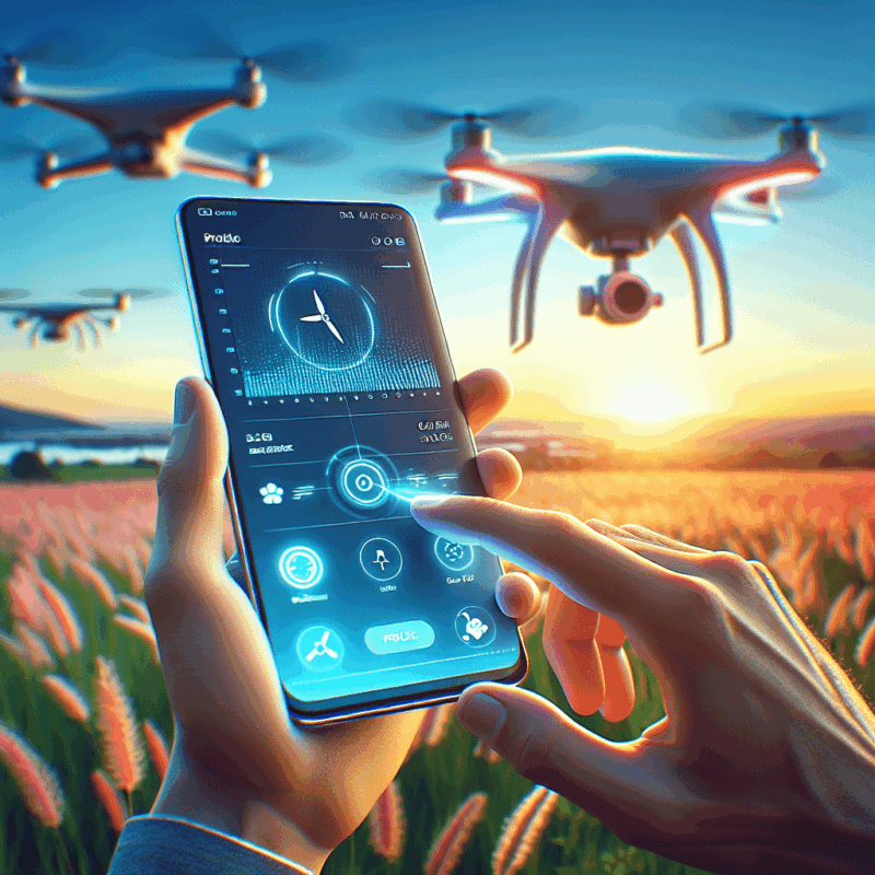 Drone App Setup tutorial showing a smartphone running the Memaero app with a drone hovering mid-air and user interacting with it.