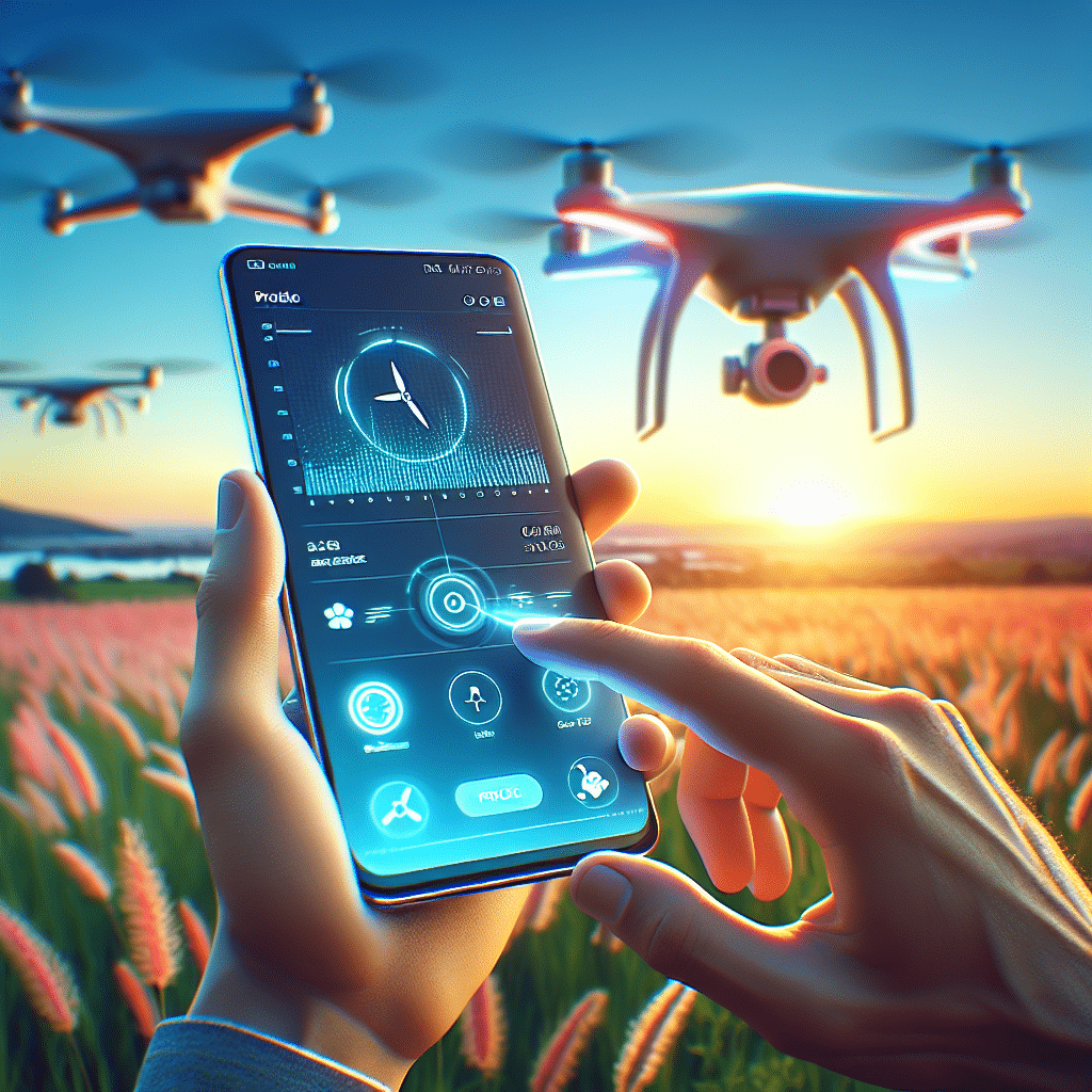 Drone App Setup tutorial showing a smartphone running the Memaero app with a drone hovering mid-air and user interacting with it.