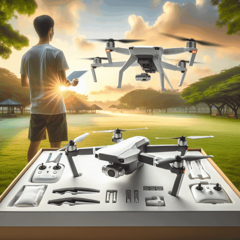 Drone Beginner Setup guide showing a user configuring a Memaero AeroSpark outdoors in a park during sunrise.