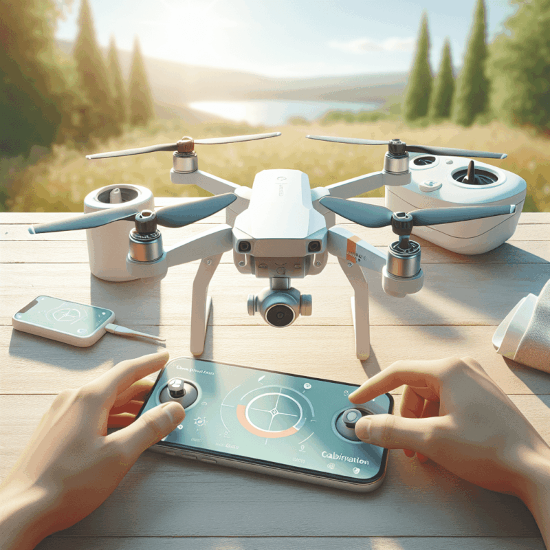 Drone Compass Calibration Basics shown with a beginner setting up a drone and rotating it outdoors using a controller app in clear weather.