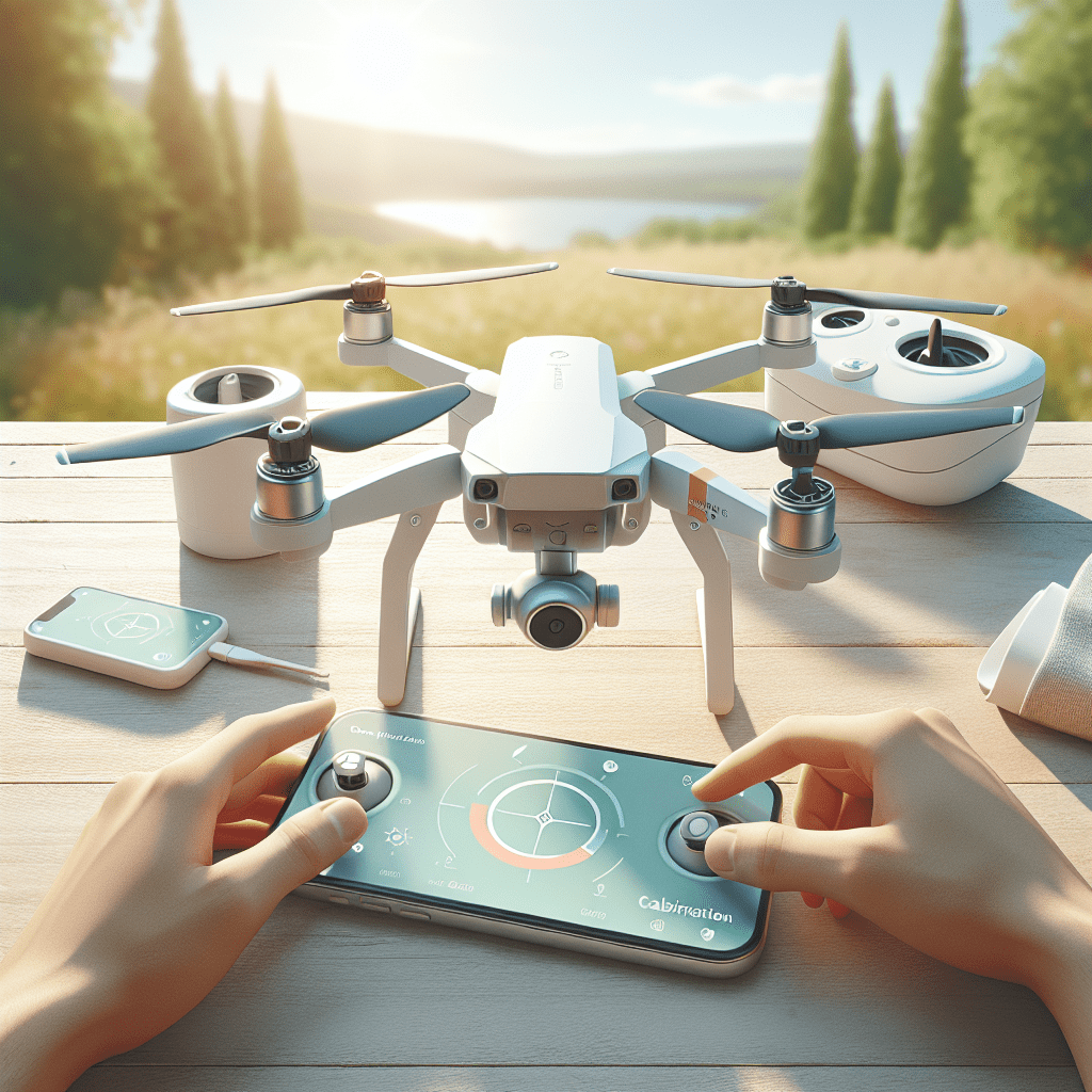 Drone Compass Calibration Basics shown with a beginner setting up a drone and rotating it outdoors using a controller app in clear weather.