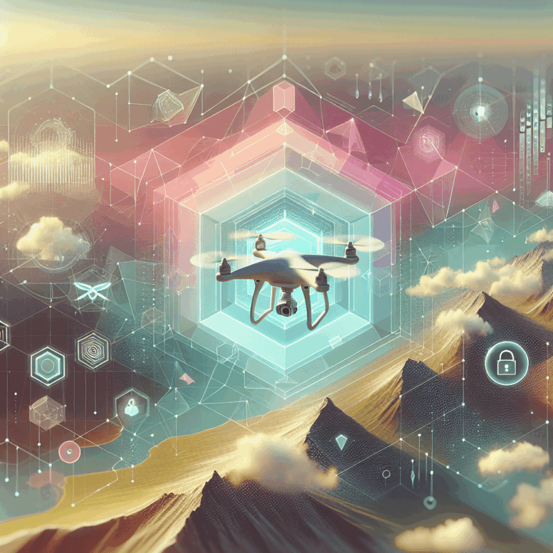 Drone data security visual showing encryption overlays and secure drone footage transmission in flight over landscape.