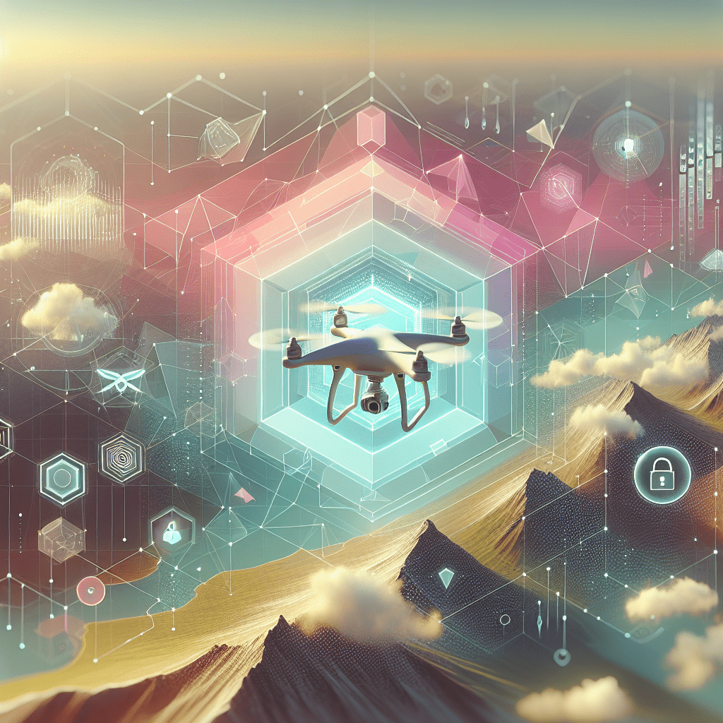 Drone data security visual showing encryption overlays and secure drone footage transmission in flight over landscape.