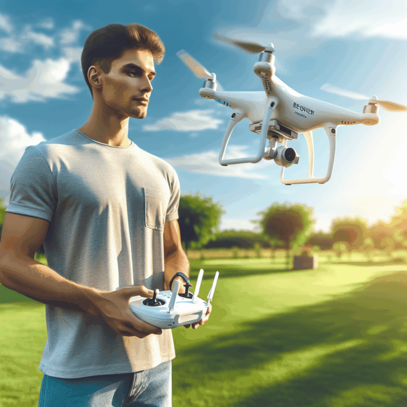 Drone Flying Basics for beginners: young adult flying a modern drone in a sunny park with hover display and safety guards