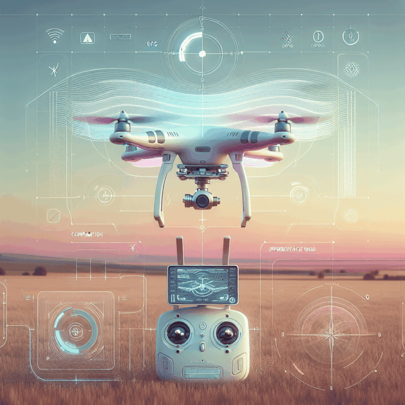 Drone GPS troubleshooting in an open field showing calibration steps and signal diagnostics interface graphics.