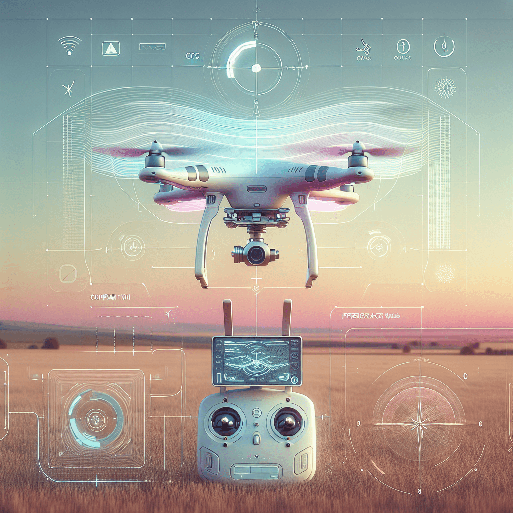 Drone GPS troubleshooting in an open field showing calibration steps and signal diagnostics interface graphics.