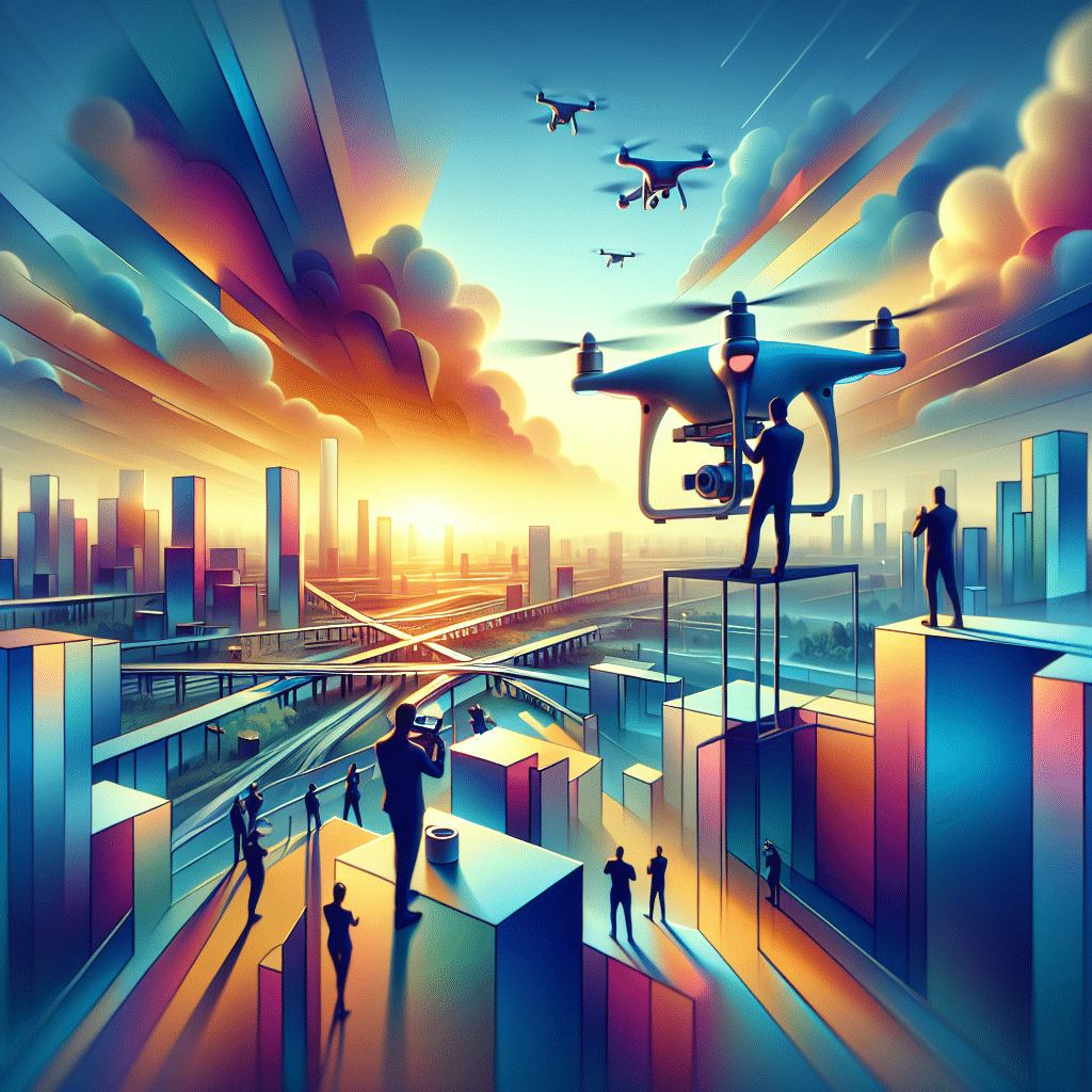 Marketing professionals using drone technology to film a brand story from the sky, showcasing dynamic drone marketing visuals.