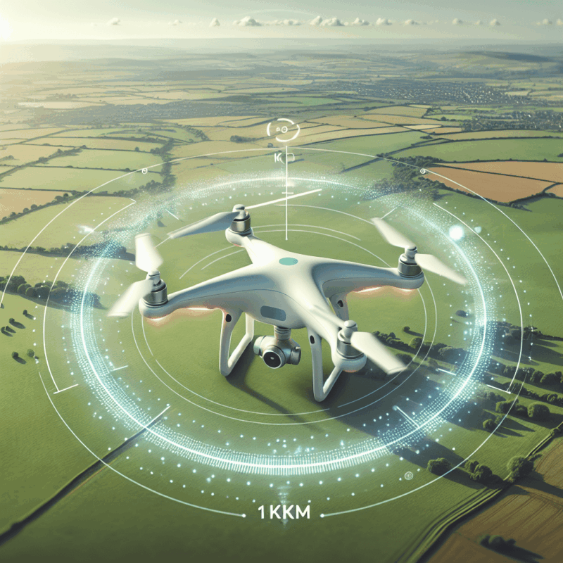 Drone Range Basics visual showing Aero 3 Lite flying in a UK countryside with a 1km safe transmission zone indicator overlay.