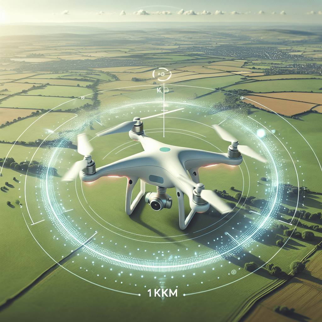 Drone Range Basics visual showing Aero 3 Lite flying in a UK countryside with a 1km safe transmission zone indicator overlay.