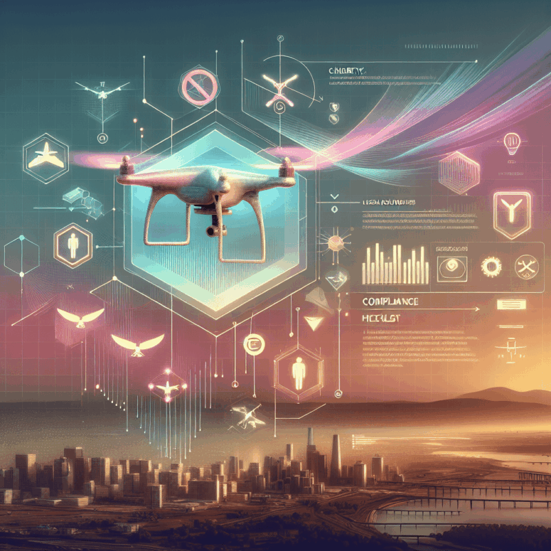 Aerial drone flying over urban skyline with 2025 drone regulations overlay, highlighting drone law compliance zones and registration areas.