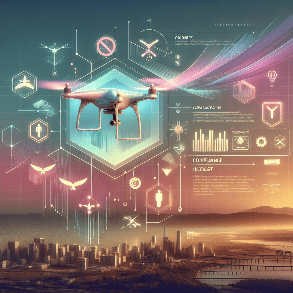 Aerial drone flying over urban skyline with 2025 drone regulations overlay, highlighting drone law compliance zones and registration areas.
