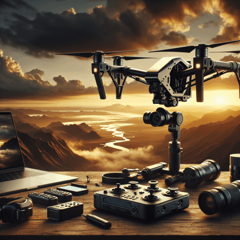 Drone ROI & Affordability showcased by a filmmaker crew using a compact drone for aerial video over a dramatic landscape at sunset.