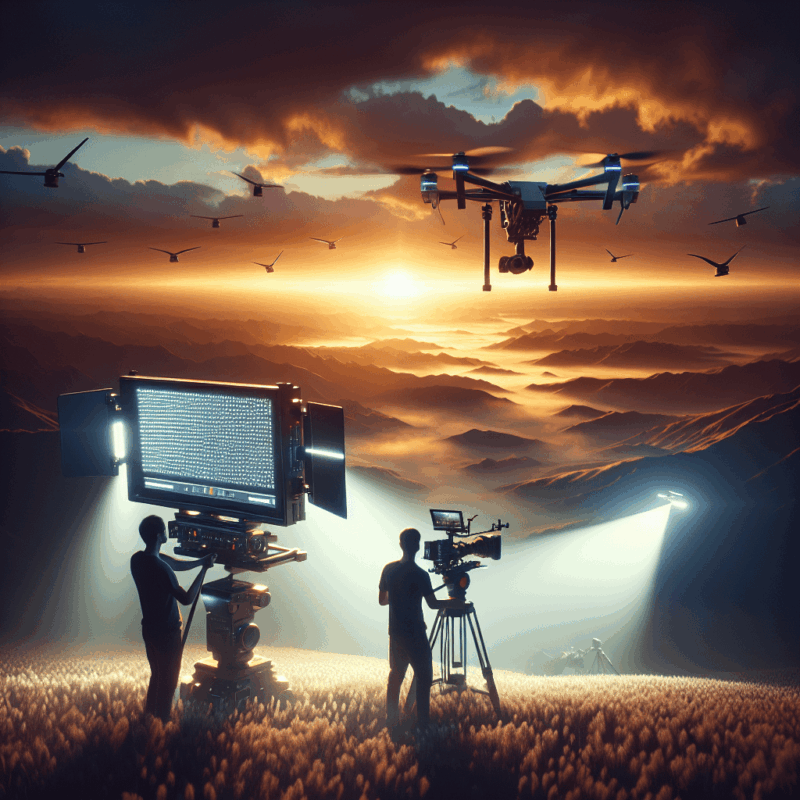 Drone storytelling in filmmaking shown through an aerial shot capturing dramatic cinematic scenes with rich colors at sunset.