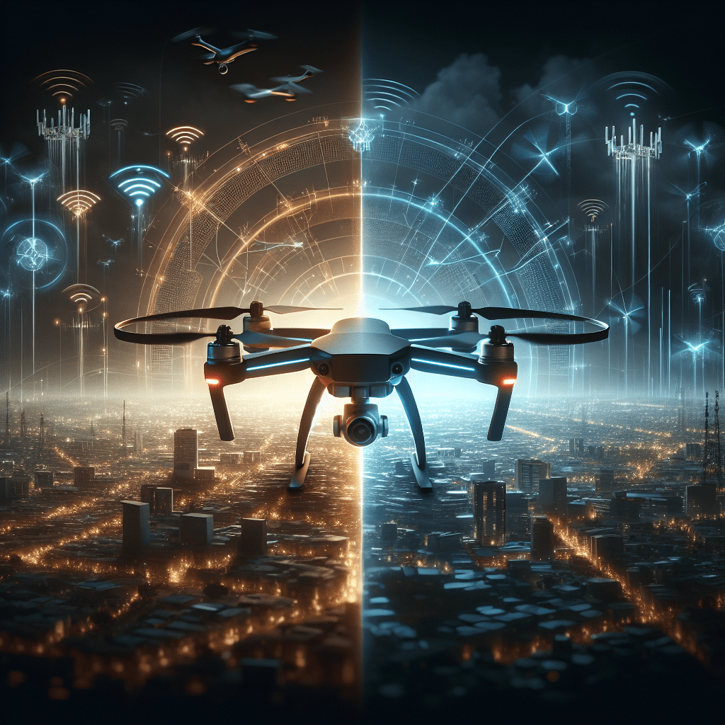 Drone Transmission Technology comparison of Wi-Fi and 5G signal performance shown in practical flying environments.