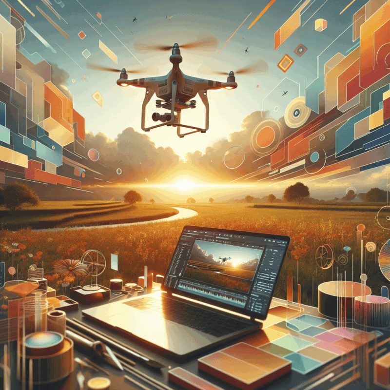 A cinematic drone capturing sweeping landscapes during golden hour, illustrating Drone Video Editing workflow and creative storytelling.