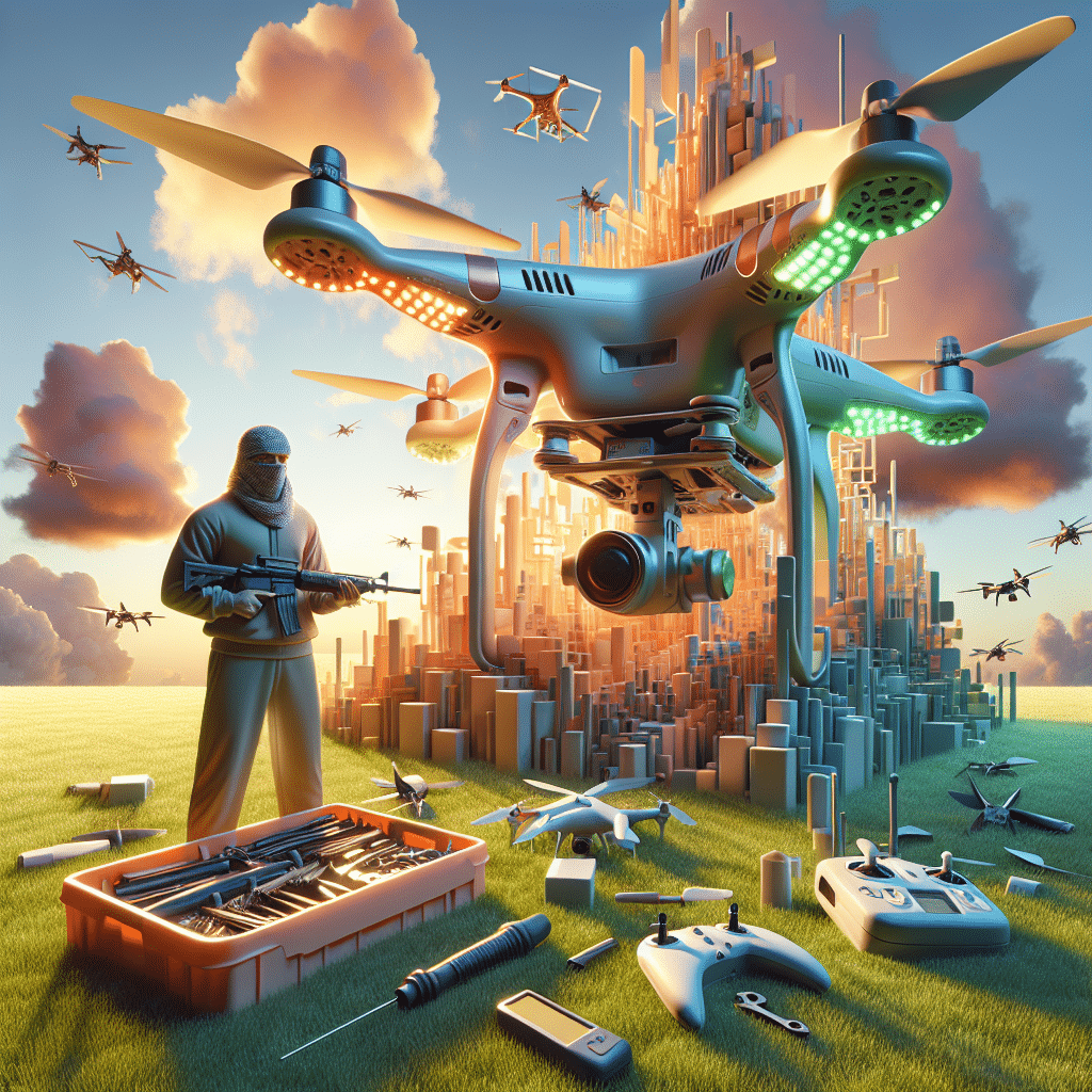 Drone Won't Take Off issue illustrated with a grounded drone, visible tools nearby, and a frustrated pilot adjusting settings outdoors.