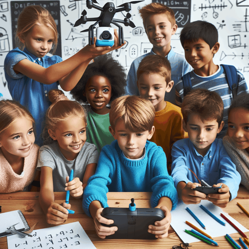 Educational Drone Benefits visual showing students using Aero 1 Lite in a fun STEM learning environment with teacher guidance.
