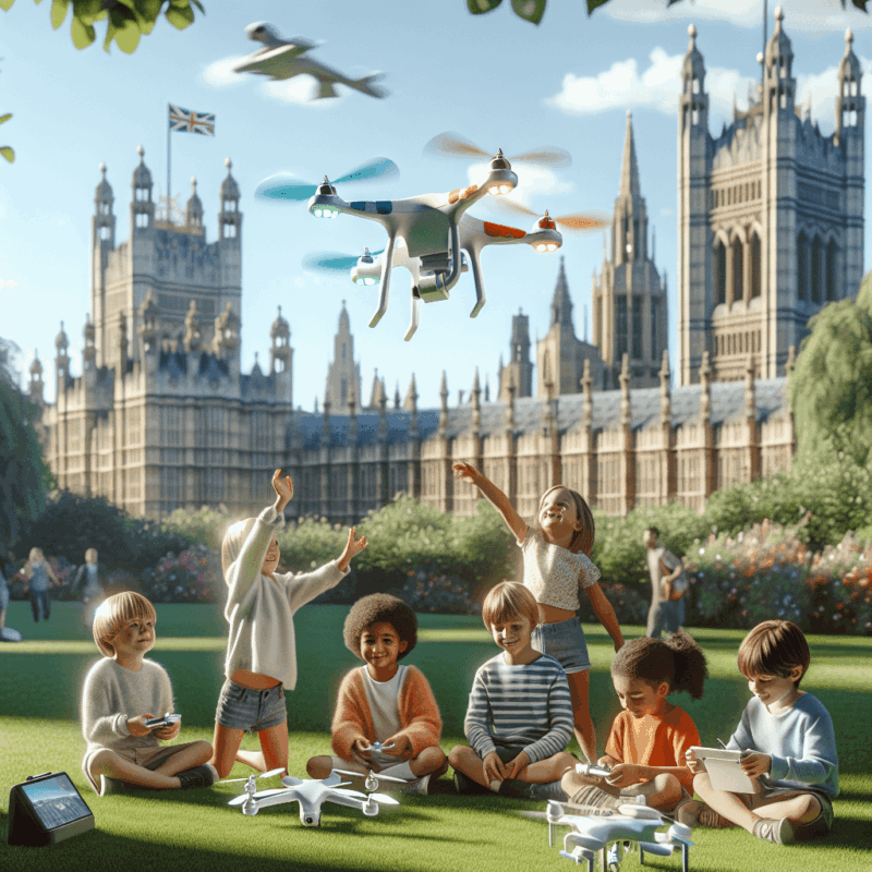 Entry-Level Drones for Kids flying in a UK park with children under 12, safe and easy-to-use beginner technology with parent supervision.