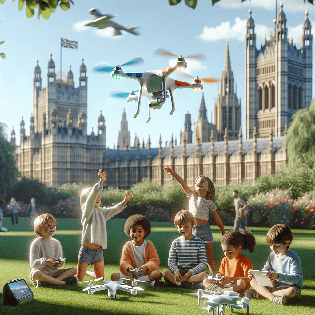 Entry-Level Drones for Kids flying in a UK park with children under 12, safe and easy-to-use beginner technology with parent supervision.