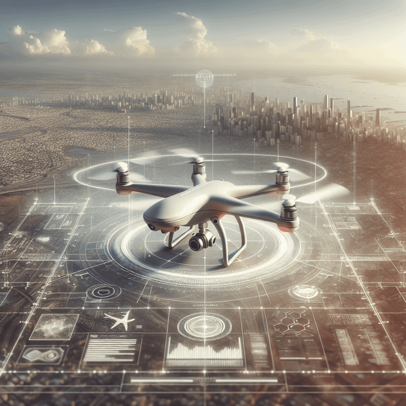 Geo-fencing for drones visual showing a drone flying with digital boundaries over a city, emphasizing GPS-based protection.
