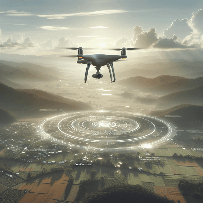 Geo-fencing in drones visual showing a drone flying near a virtual boundary line above a scenic terrain.