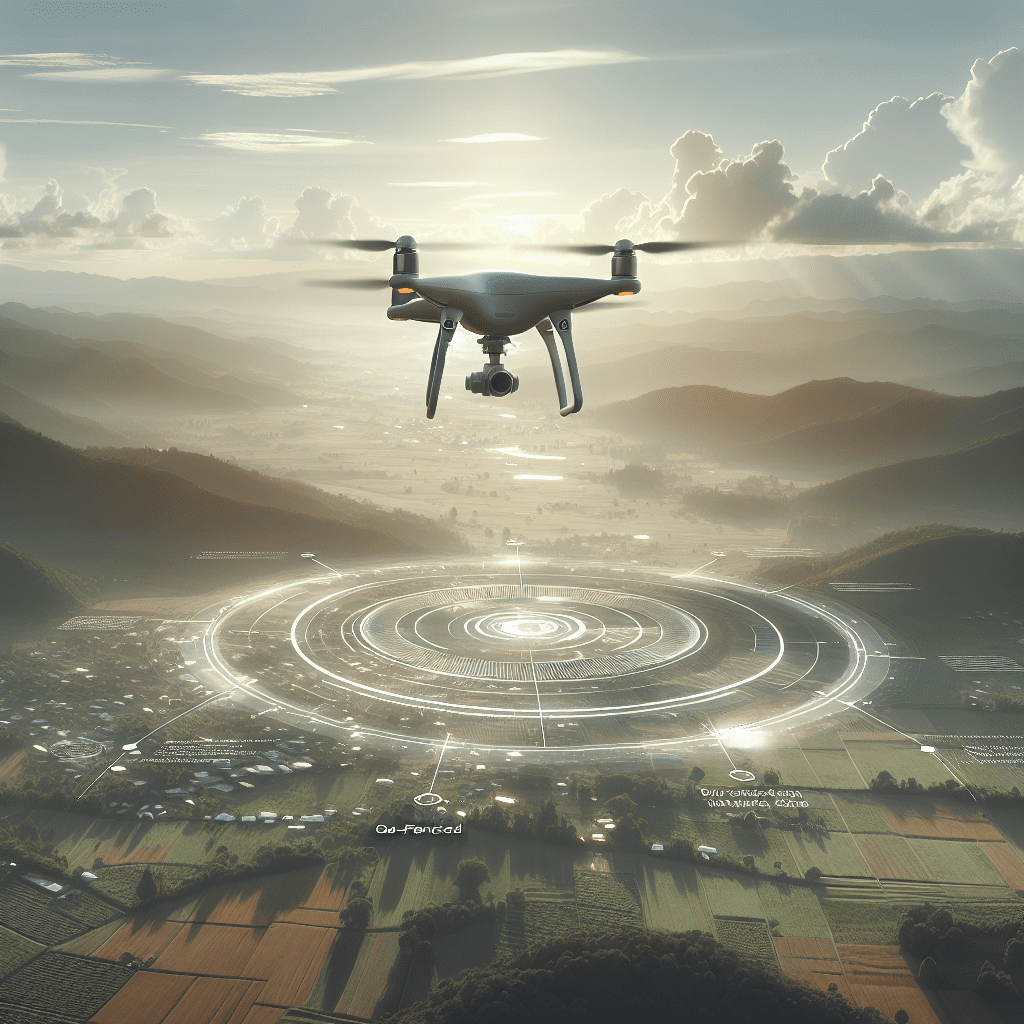 Geo-fencing in drones visual showing a drone flying near a virtual boundary line above a scenic terrain.