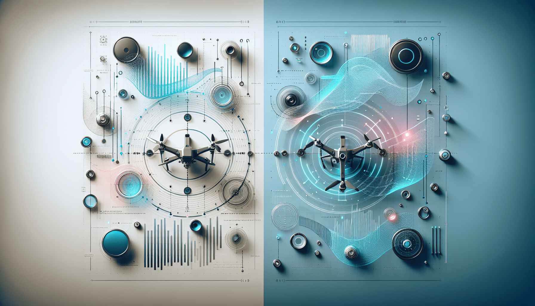 Side-by-side infographic-style visual of budget drones from Memaero and DJI flying over the UK countryside.
