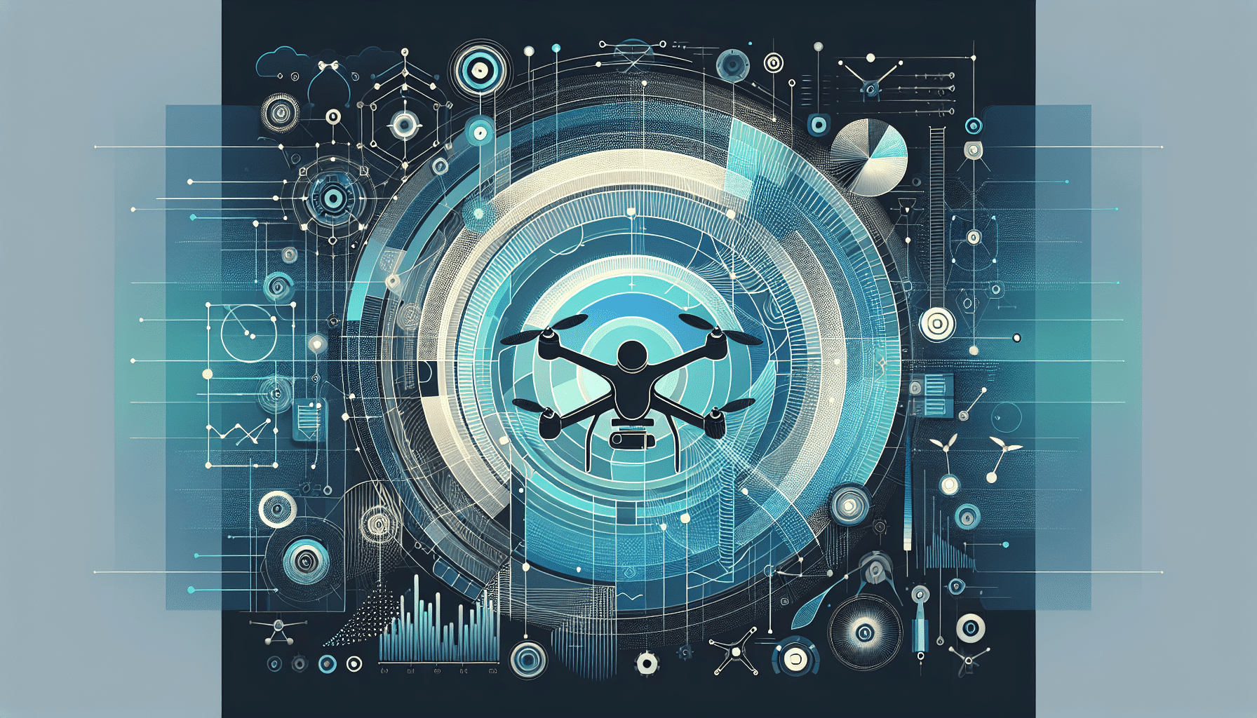Illustration of drone data security with visual signals of encryption, safe flight communication, and protected aerial content.