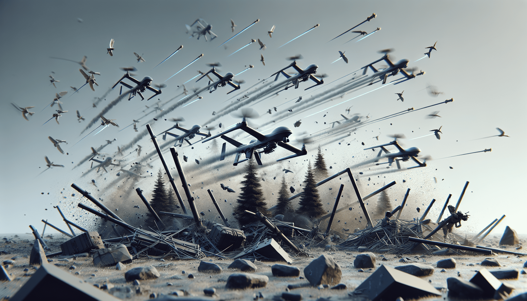 Illustration of a drone using dynamic obstacle avoidance strategies mid-flight with sensors detecting nearby obstacles