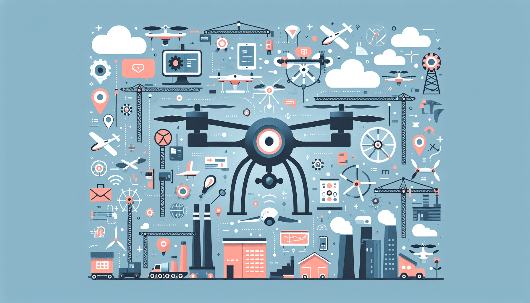 Concept visual illustrating how drone technology is revolutionizing agriculture, construction, and filmmaking with aerial perspectives and automation.
