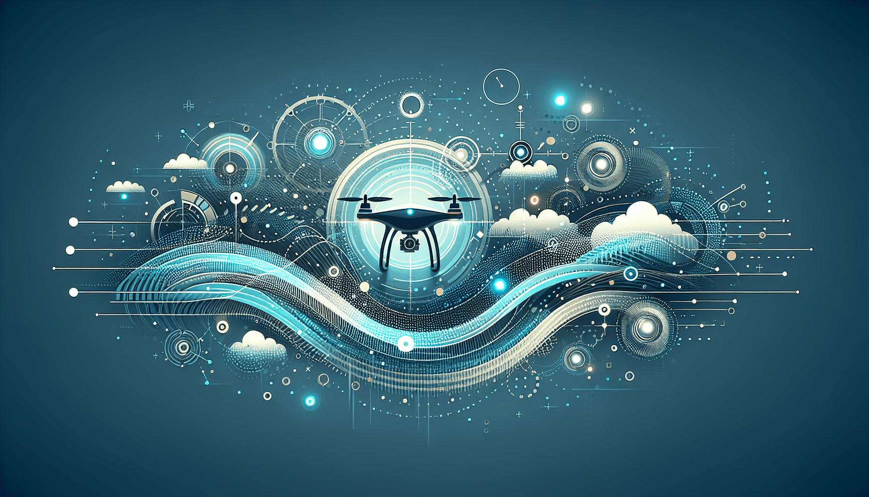 A drone equipped with BEI battery flying under sunlight with AI HUD overlay showing real-time power optimization.