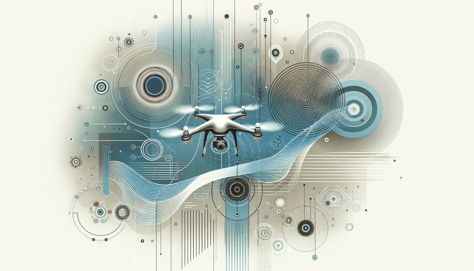 Illustration showcasing drone marketing through aerial storytelling, with a drone capturing scenic city footage during a branded event.