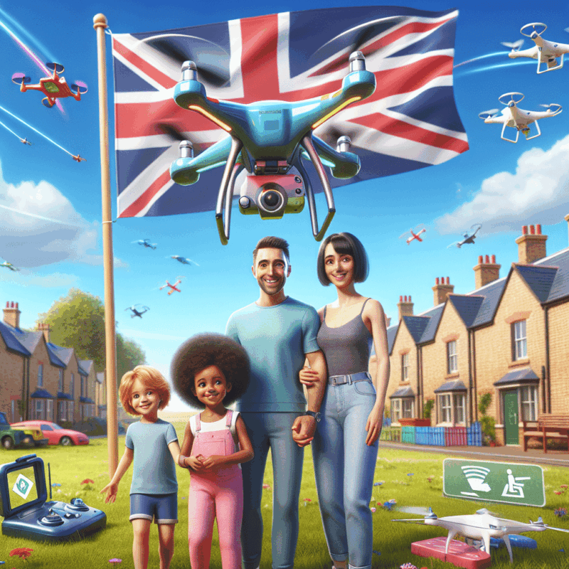 Kid-Friendly Drones UK in suburban park: children flying brightly colored quadcopter with parent guidance, showing safety features.
