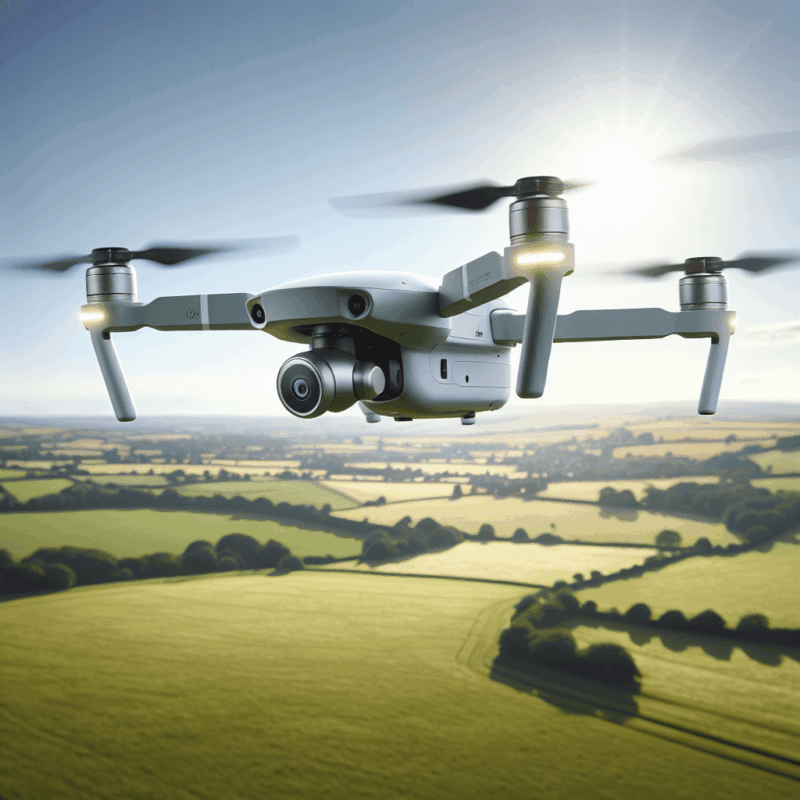 Memaero AeroMax Review — Close-up of drone flying outdoors with UK countryside background, highlighting budget-friendly design and features.