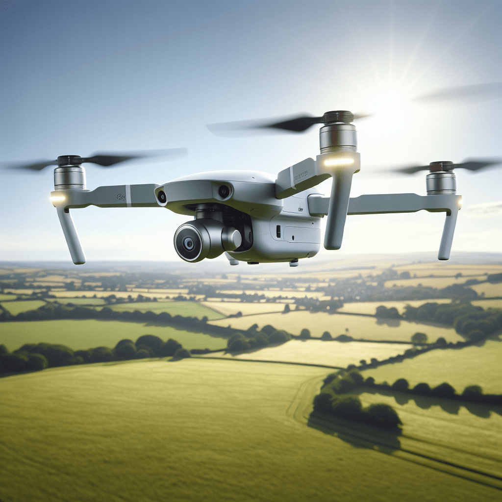 Memaero AeroMax Review — Close-up of drone flying outdoors with UK countryside background, highlighting budget-friendly design and features.