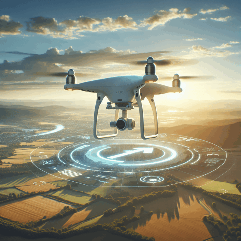 A drone mid-flight returning to its home point using Return to Home Function over an open landscape for safe navigation.