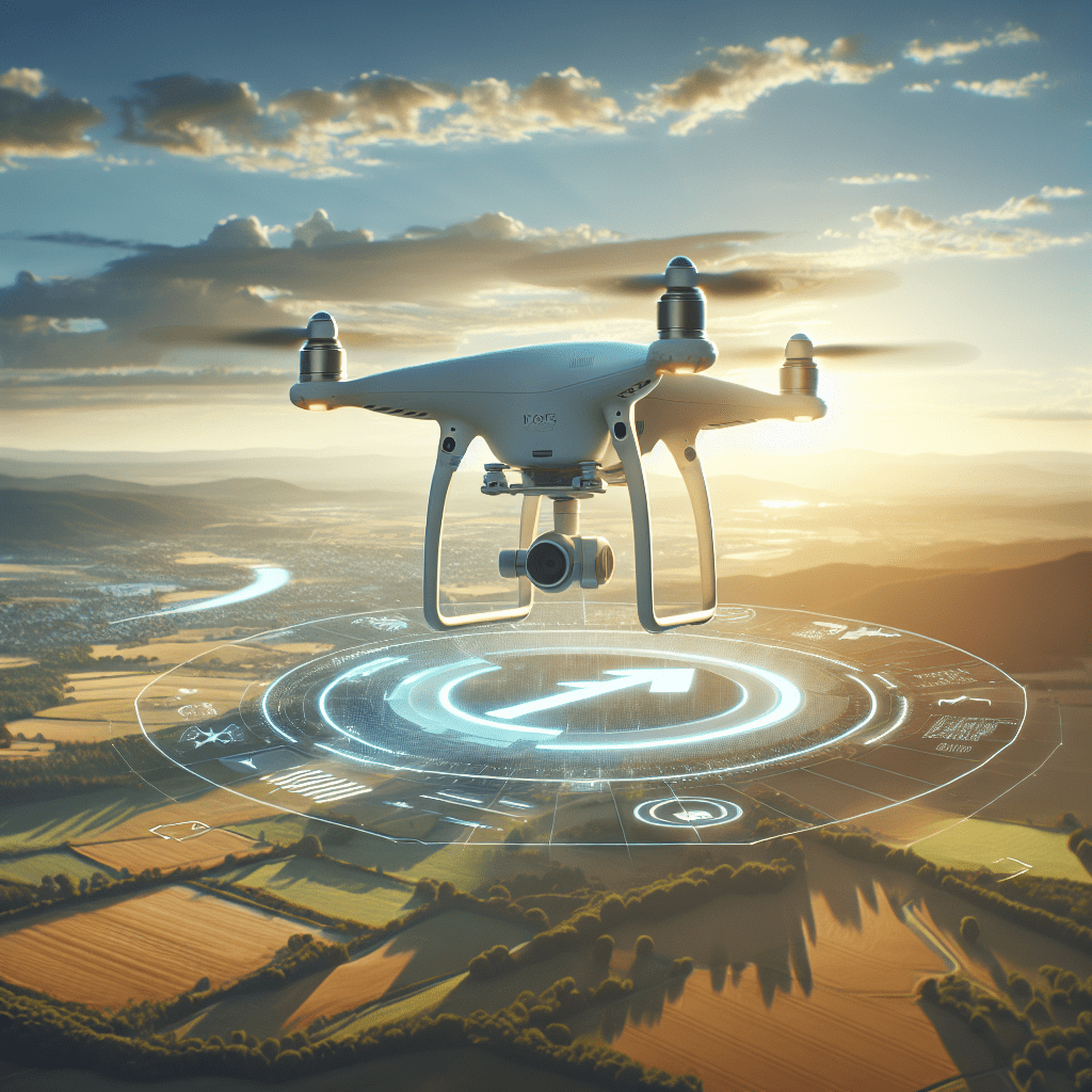 A drone mid-flight returning to its home point using Return to Home Function over an open landscape for safe navigation.