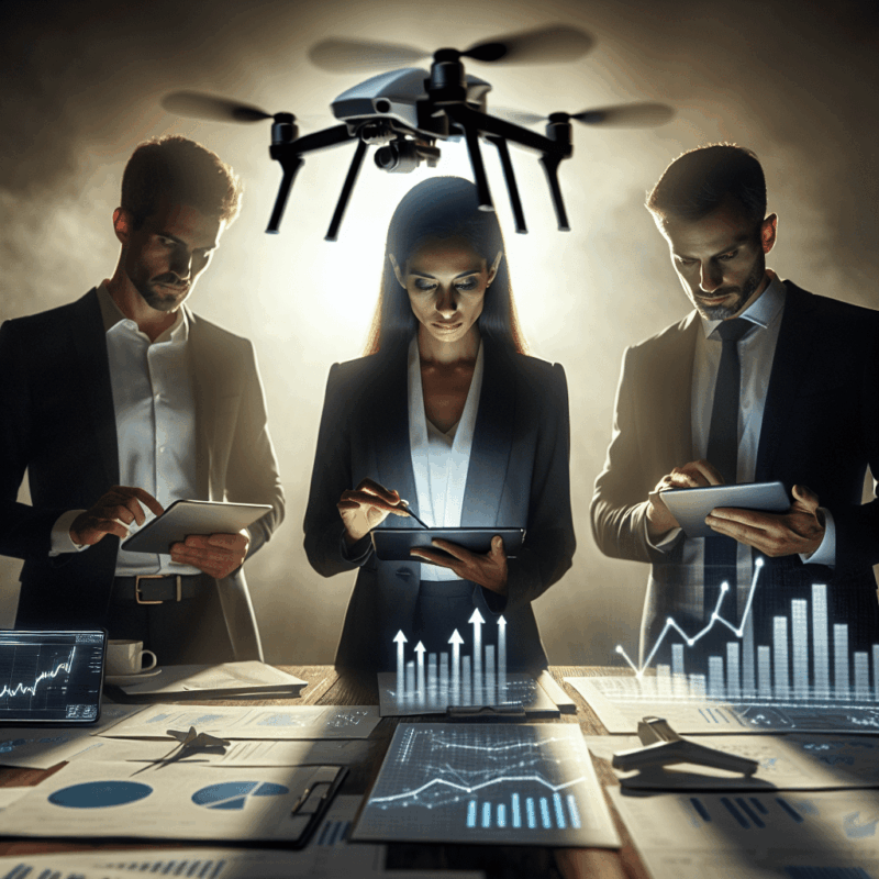 Business team using ROI Strategies to assess drone investment value with financial charts on screens and hovering UAVs in background.