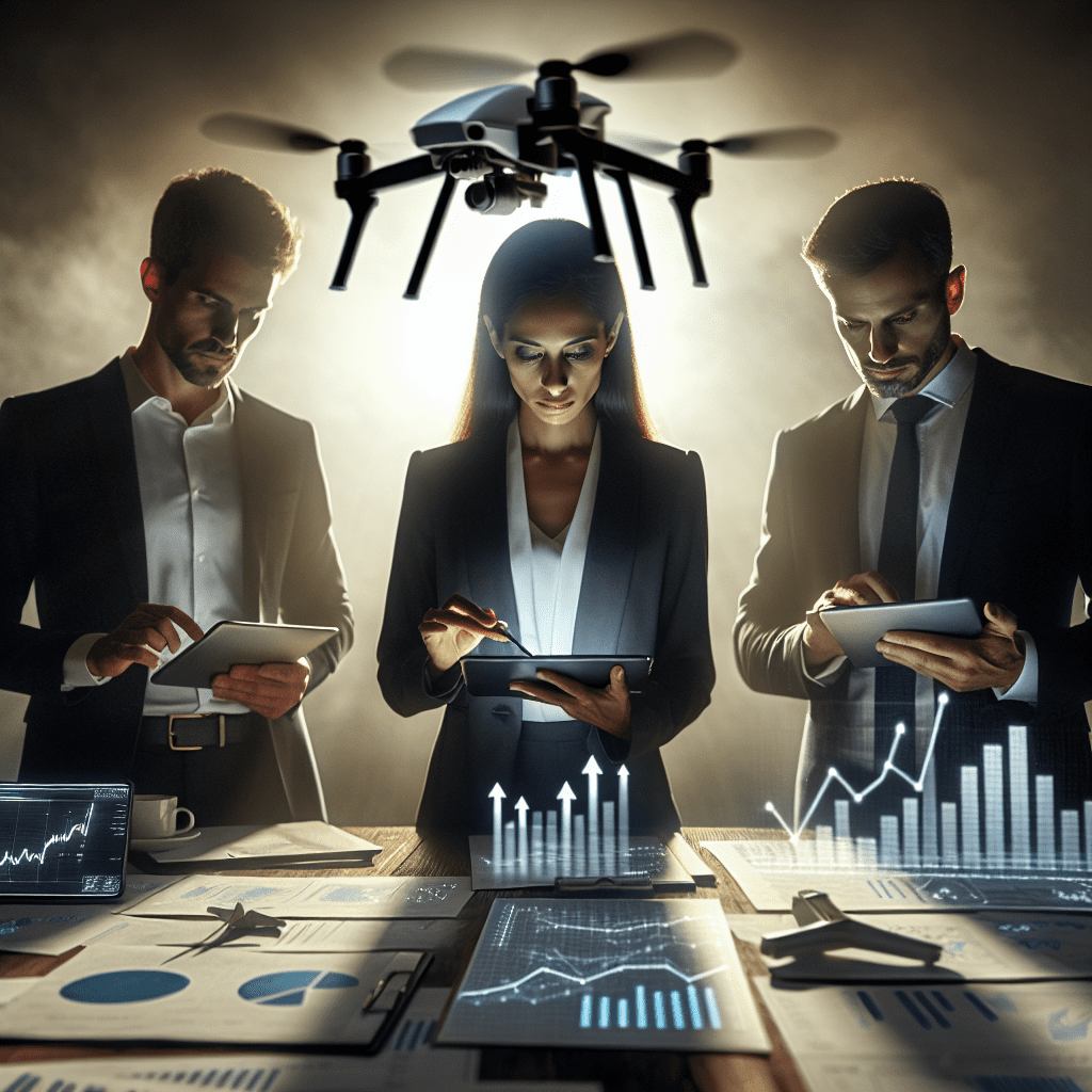 Business team using ROI Strategies to assess drone investment value with financial charts on screens and hovering UAVs in background.