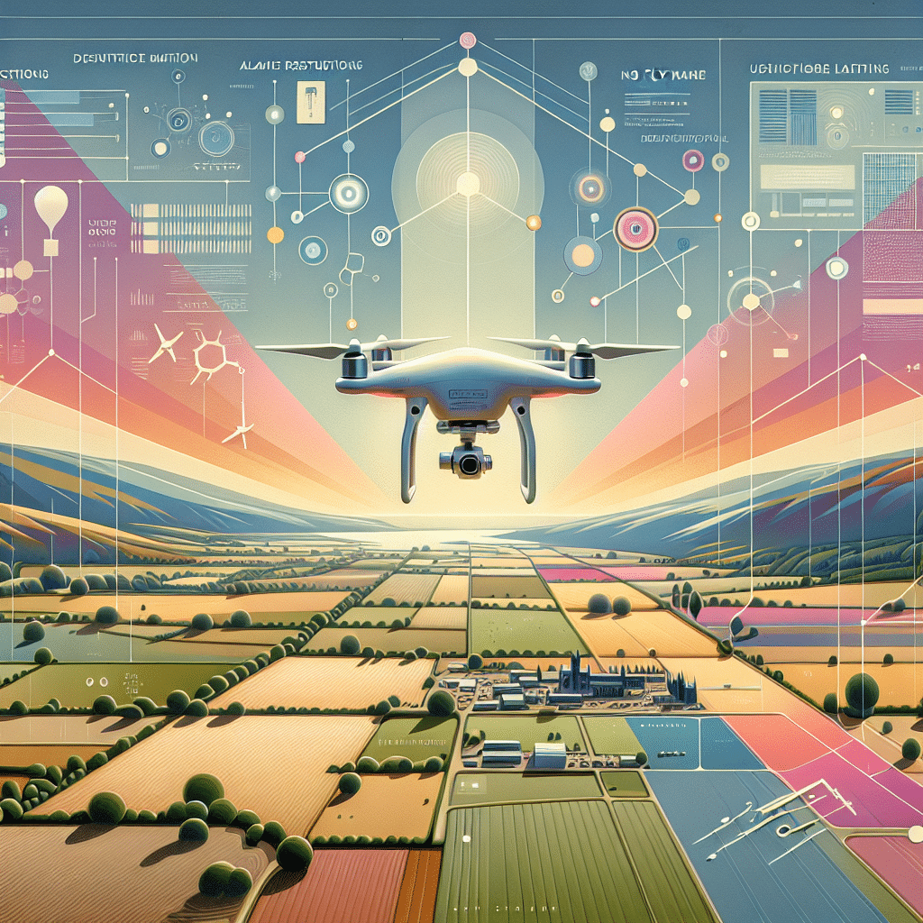 Modern drone flying above UK countryside under regulations of UK Drone Laws 2024, highlighting legal flight zones and safety rules.