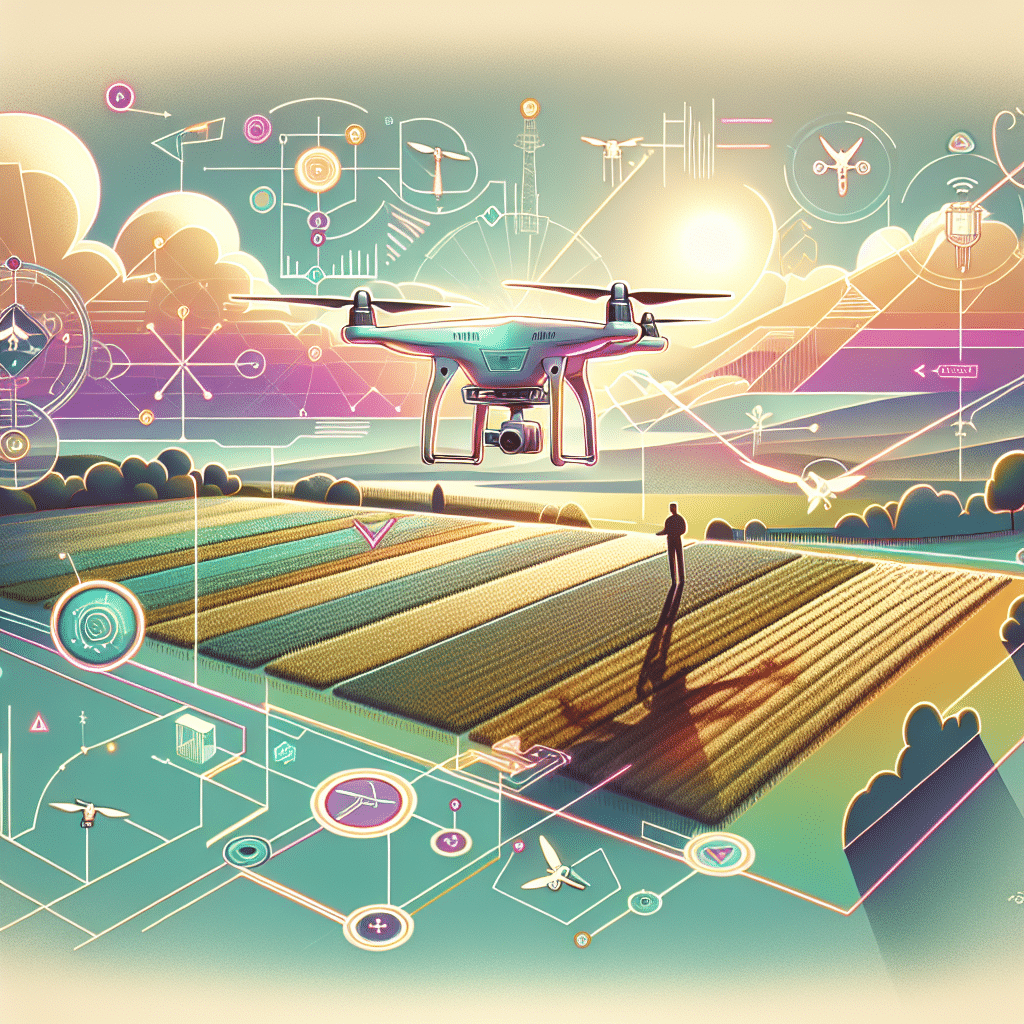 Modern drone flying above a UK countryside landscape with legal flight boundaries visualised—illustrating 2024 UK Drone Laws.