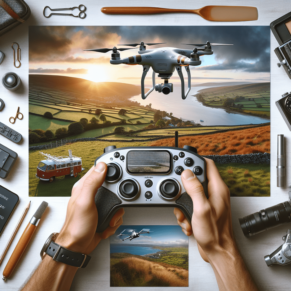 UK Drone Photography Basics: A stunning aerial image showcasing a drone view of a British coastline with vibrant lighting, emphasizing beginner-friendly capture.