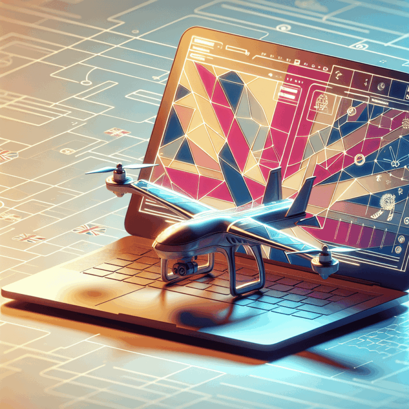 UK Drone Registration process 2024, showing drone with UK flag label beside a laptop open on the CAA registration website.