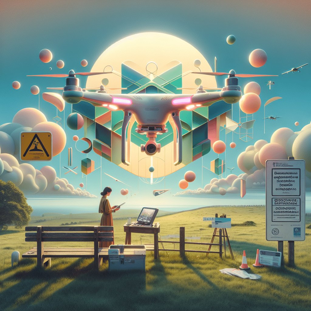 UK Drone Regulations shown through a countryside drone operator reviewing registration cards beside signage and safety documents.