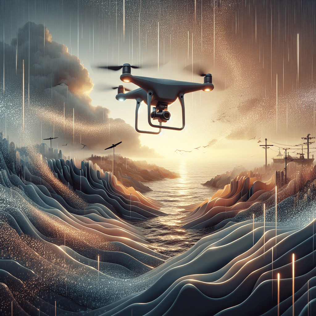 A powerful weatherproof drone flying steadily through rainfall near rocky cliffs — perfect for wet climate adventures.