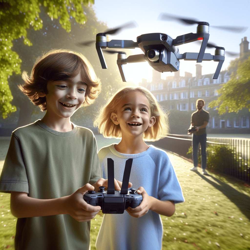 British kids flying Aero 1 Lite drone with propeller guards and 720p camera in a London park, showcasing safe and fun tech.
