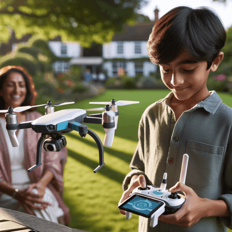 A young pilot uses Aero 1 Lite controls in a UK park to launch the child-safe drone using a one-key takeoff button—drone in smooth hover.