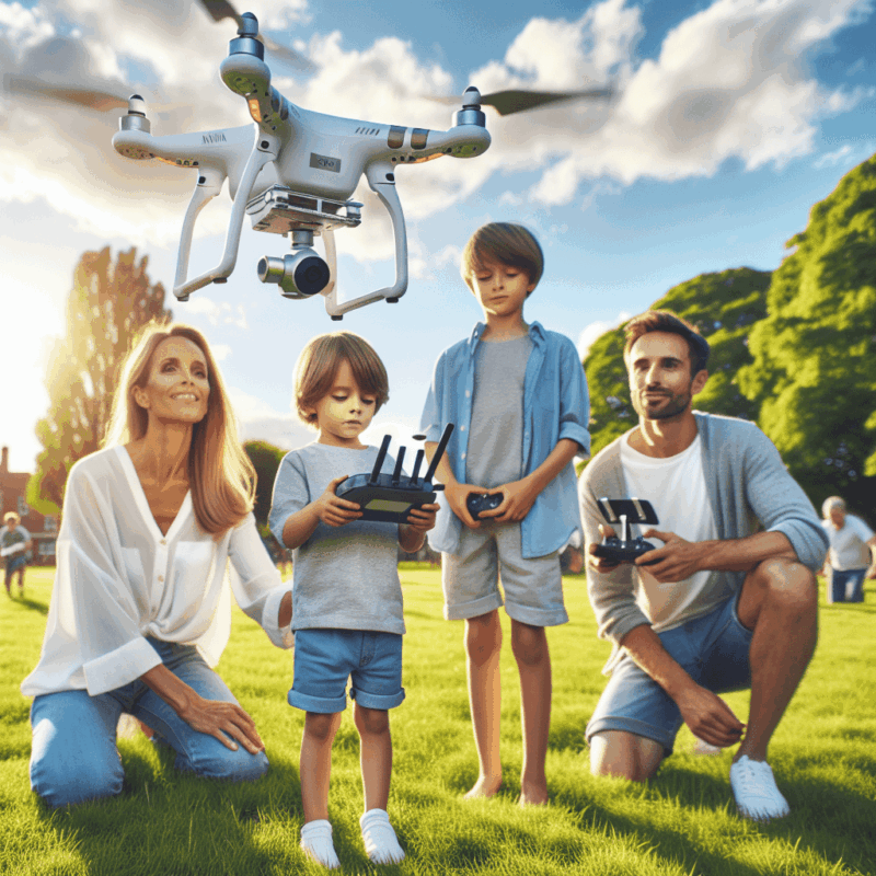 A family in the UK flying the Aero 1 Lite drone to capture smooth, stable aerial footage in a sunny park setting.