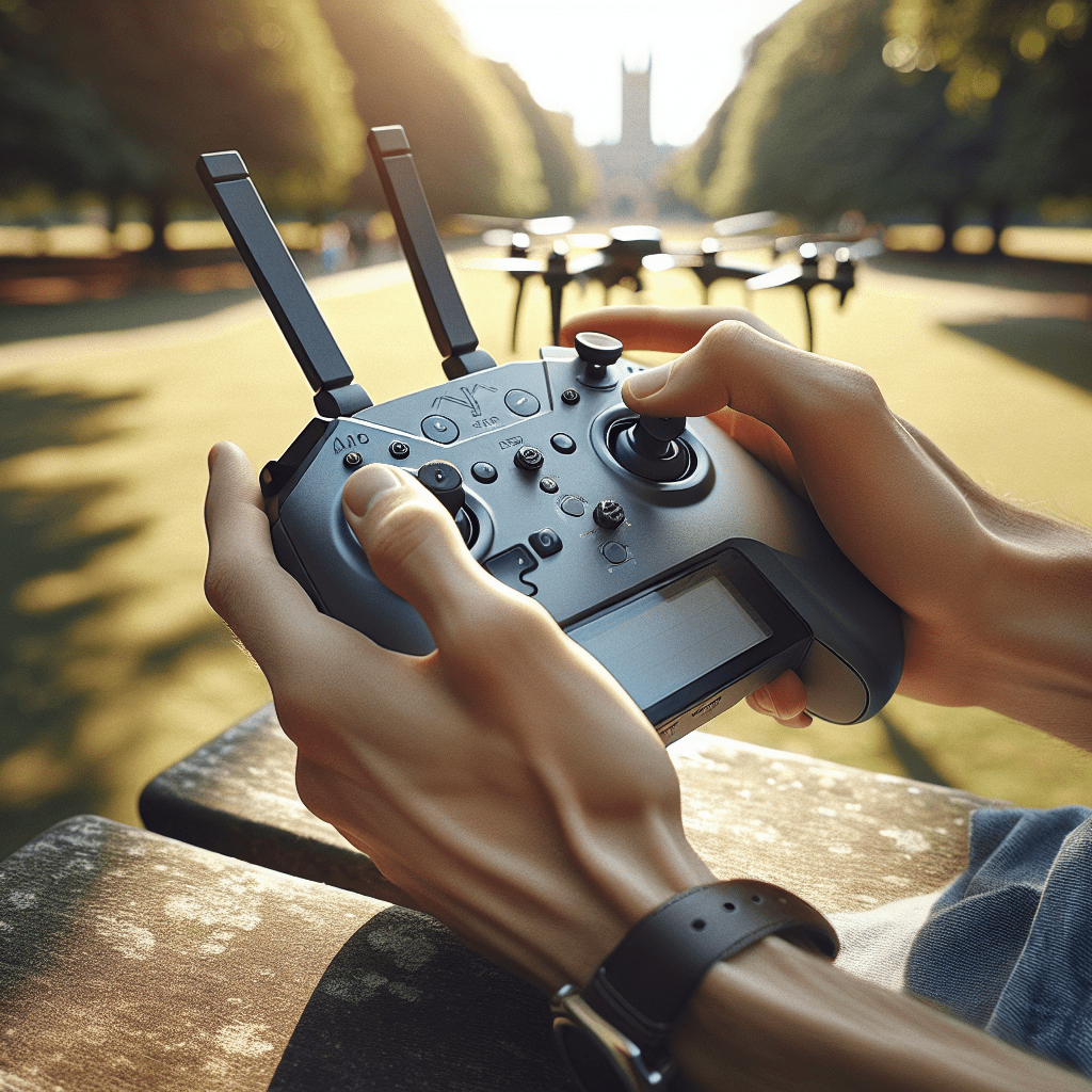 Aero 1 Lite troubleshooting visual showing hands adjusting the controller outside, highlighting key controls and drone pairing.